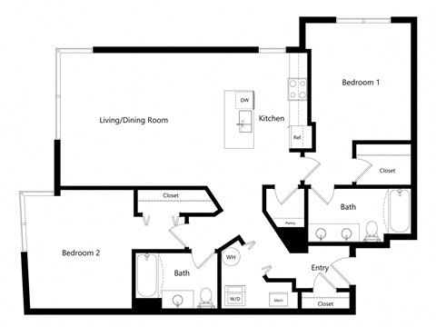 the two-bedroom Tucson floor plan at Midtown Crossing Apartments in Omaha, NE